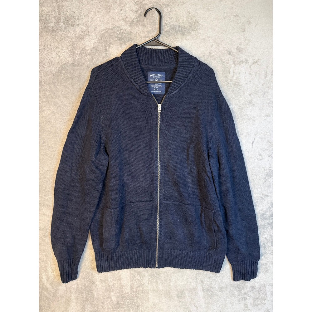 American Eagle Sweater Mens XL Full Zip Cardigan Navy Blue Mock Neck EUC